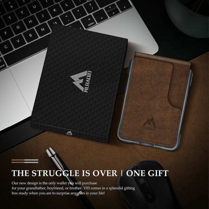 Blessing Sells brown faux leather minimalist wallet with card slot and metal trim, next to its black gift box.