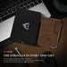 Blessing Sells brown faux leather minimalist wallet with card slot and metal trim, next to its black gift box.
