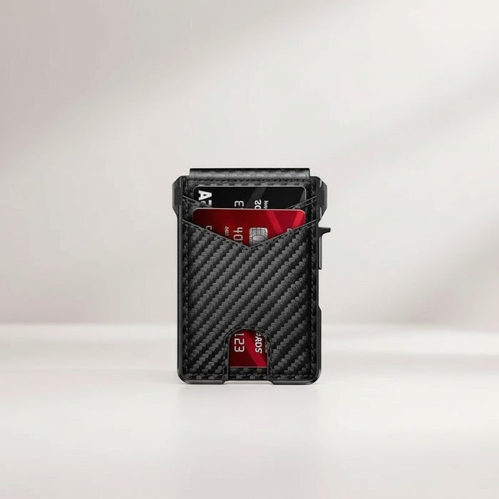 Blessing Sells black carbon fiber and aluminum slim card holder wallet with quick-access trigger and multiple cards visible.