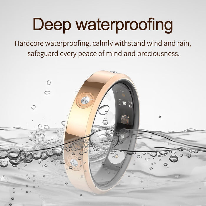 Blessing Sells CHABAIDAO Smart Ring in rose gold with diamond accents, submerged in water, showcasing its IP68 waterproof feature.
