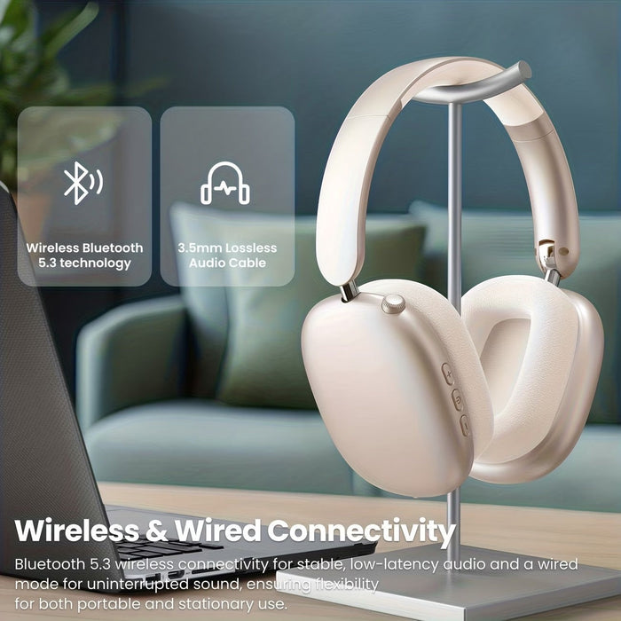 Blessing Sells wireless over-ear headphones in champagne gold, featuring soft ear pads and a foldable design, displayed on a stand next to a laptop.
