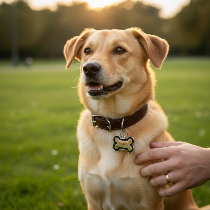 Blessing Sells personalized bone-shaped dog ID tag with glitter paw print, engraved with 'Angela'.