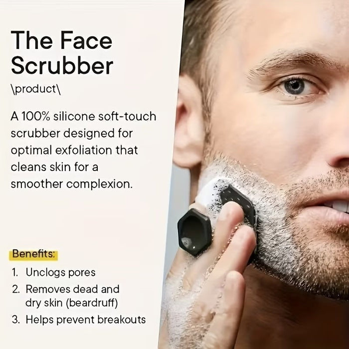 Blessing Sells black silicone facial cleansing brush with hexagonal grip, used by a man for gentle exfoliation and deep cleaning.