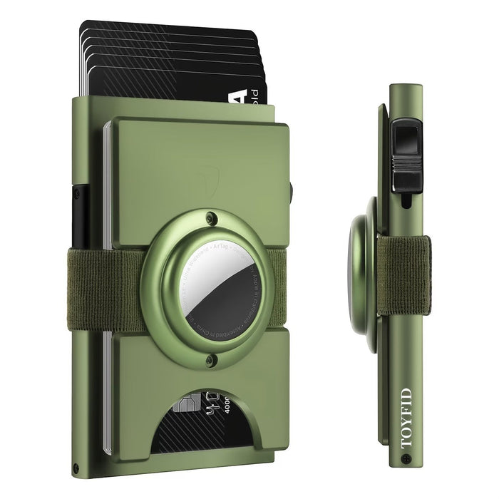 Blessing Sells olive green aluminium card wallet with AirTag slot and elastic band. Holds 12 cards and paper money.