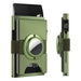 Blessing Sells olive green aluminium card wallet with AirTag slot and elastic band. Holds 12 cards and paper money.