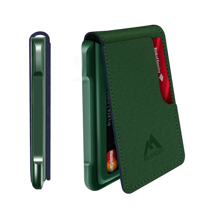 Blessing Sells men's green faux leather wallet with metal trim, RFID protection, and card slots.