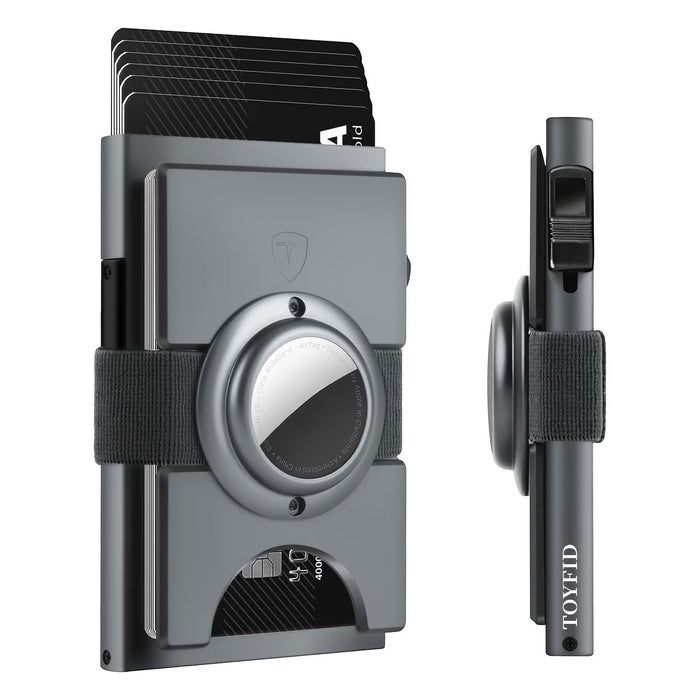 Blessing Sells grey aluminium card wallet for men with AirTag slot, RFID blocking, and quick ejector button.
