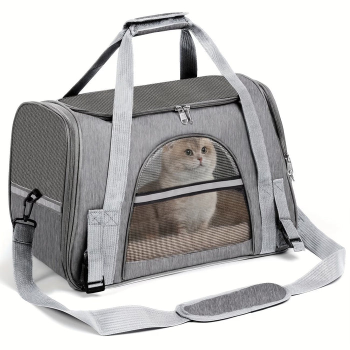 Blessing Sells grey fabric cat carrier with mesh windows and a cat peeking out. Features top handles and a shoulder strap.