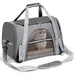 Blessing Sells grey fabric cat carrier with mesh windows and a cat peeking out. Features top handles and a shoulder strap.