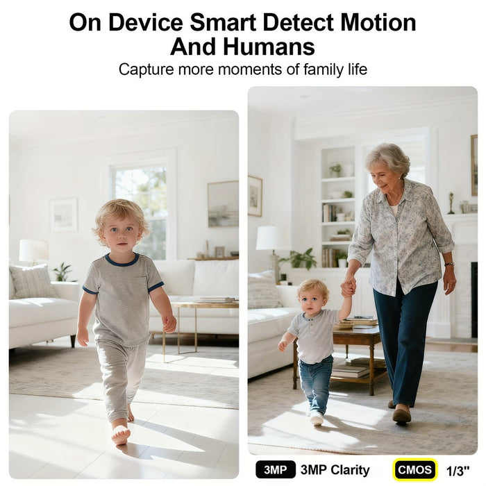 Blessing Sells indoor WIFI monitor captures children playing in a bright, modern living room. Features smart motion and human detection.