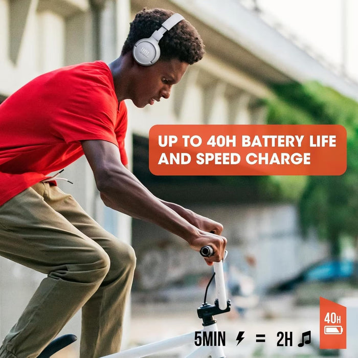 Blessing Sells JBL Tune 510BT wireless on-ear headphones in white, worn by a young person riding a bike.