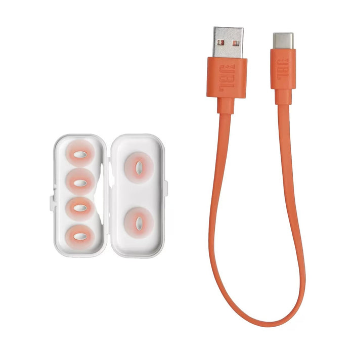 Blessing Sells JBL Tune Flex earbuds case with orange ear tips and orange USB-C charging cable.