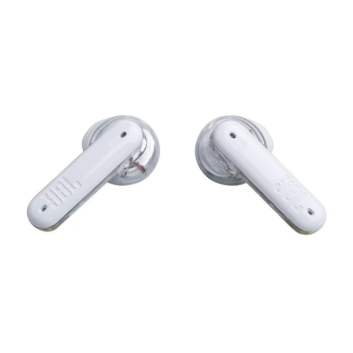 Blessing Sells JBL Tune Flex Ghost Edition white true wireless earbuds with transparent casing and active noise cancelling.