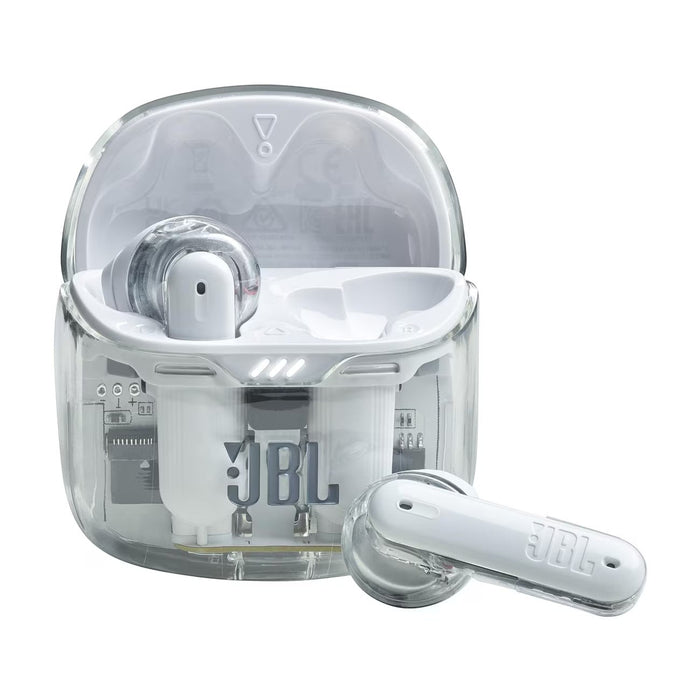 Blessing Sells JBL Tune Flex Ghost Edition white true wireless earbuds with transparent case and active noise cancelling.