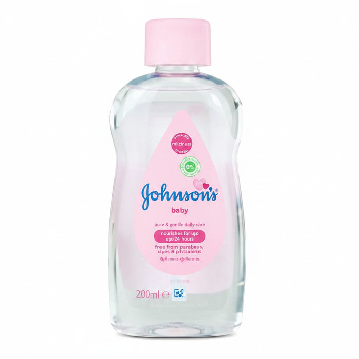 Blessing Sells Johnson's Baby Oil with Aloe & Vitamin E, 9oz bottle, clear liquid with pink label.