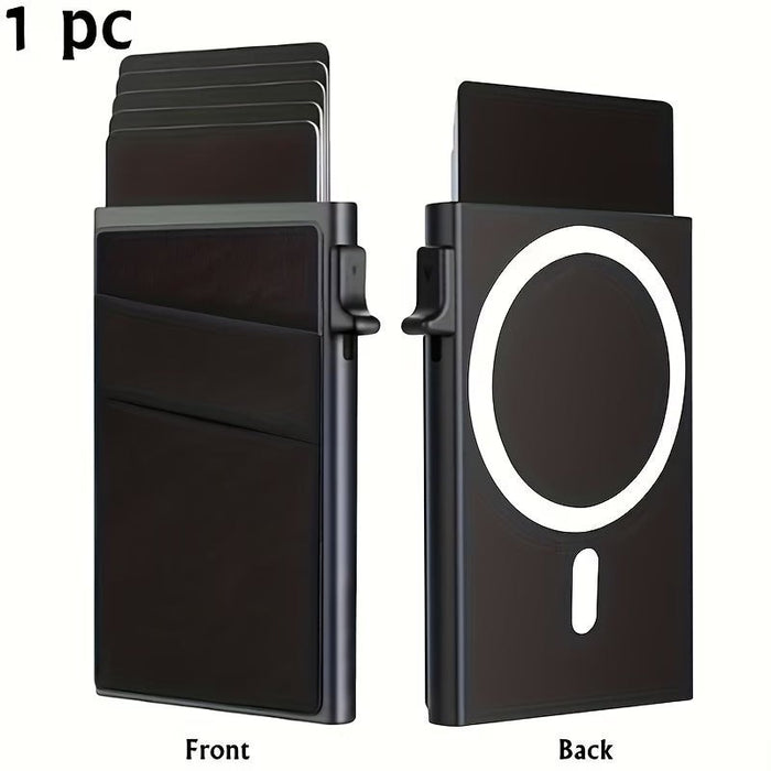 Blessing Sells Magnetic aluminum card holder with side-push mechanism and elastic Lycra back patch, black.