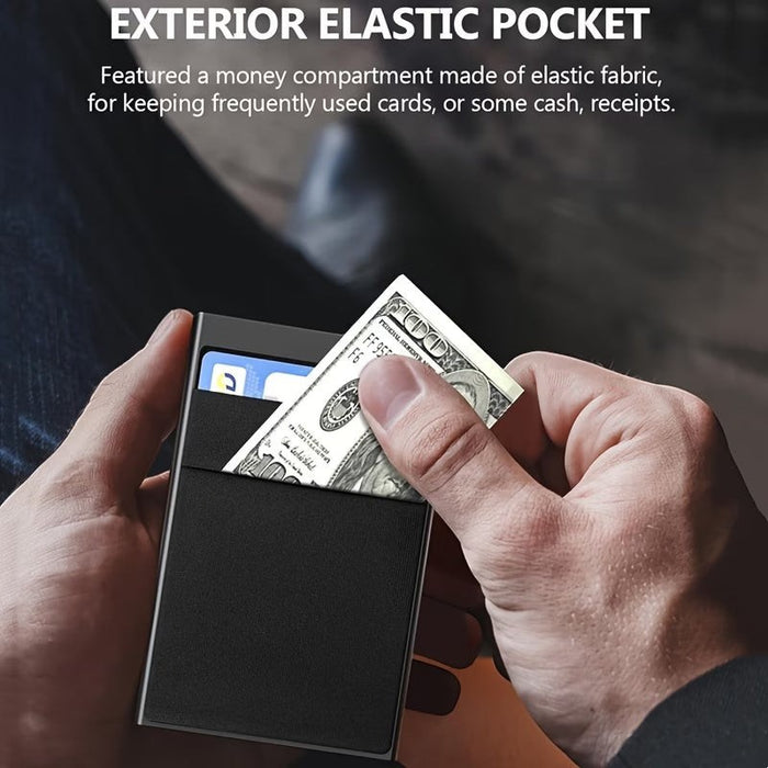 Blessing Sells magnetic aluminum card holder with elastic Lycra fabric exterior pocket holding cash.