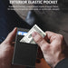 Blessing Sells magnetic aluminum card holder with elastic Lycra fabric exterior pocket holding cash.