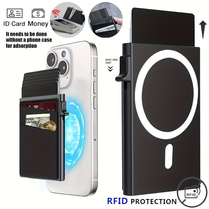 Blessing Sells magnetic aluminum card holder with side push design and RFID protection, shown attached to a phone.