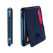 Blessing Sells navy blue fabric minimalist wallet with card slots and metal trim. RFID protection.