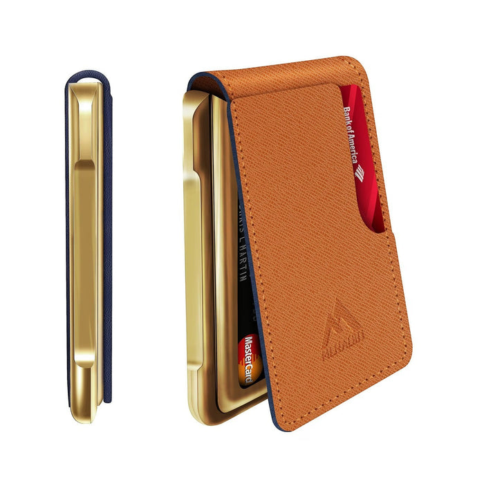 Blessing Sells men's orange faux leather wallet with gold metal trim and blue lining. Features card slots and RFID protection.