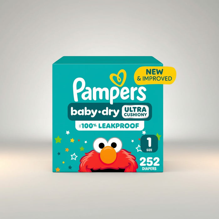 Blessing Sells Pampers baby-dry Ultra Cushiony Size 1 diapers, 252 count, featuring Elmo and "New & Improved" label.