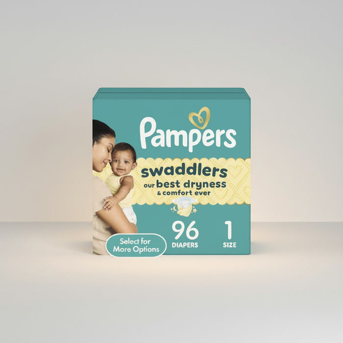Blessing Sells Pampers Swaddlers Size 1 diapers, 96 count, featuring a mother holding her baby. Designed for best dryness and comfort.