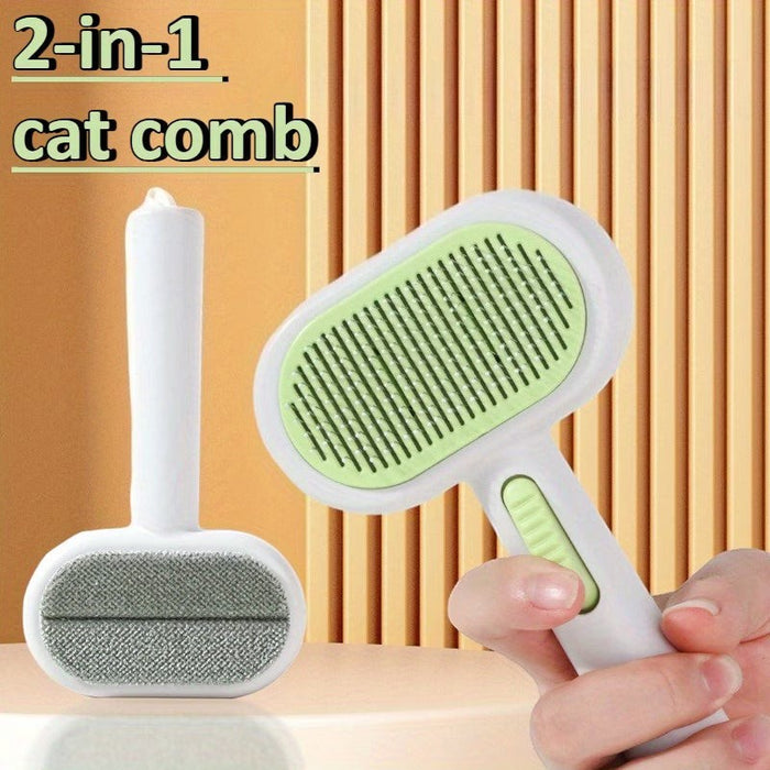 Blessing Sells 2-in-1 white and green self-cleaning pet grooming comb with comfortable grip for fur removal and flea elimination.