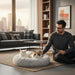 Blessing Sells grey plush pet nest with two cats, a man petting one cat in a modern living room.