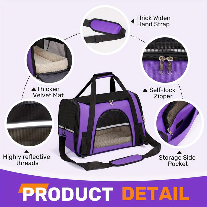 Blessing Sells purple pet carrier with thick velvet mat, self-lock zippers, and reflective threads. Features a spacious, ventilated design with a storage pocket.