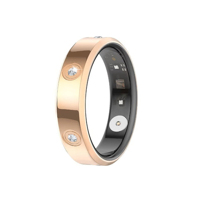 Blessing Sells CHABAIDAO rose gold smart ring with inlaid crystals and visible internal tech components.