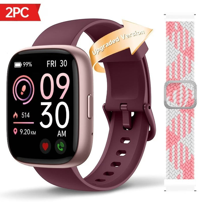 Blessing SellsHere rose gold smartwatch with a burgundy band and a pink and white braided strap. Features HD touchscreen, fitness tracking, and wireless calling.