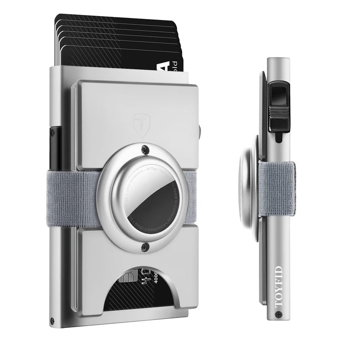Blessing Sells silver aluminium card wallet for men with AirTag slot and quick ejector button, holds 12 cards.