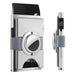 Blessing Sells silver aluminium card wallet for men with AirTag slot and quick ejector button, holds 12 cards.