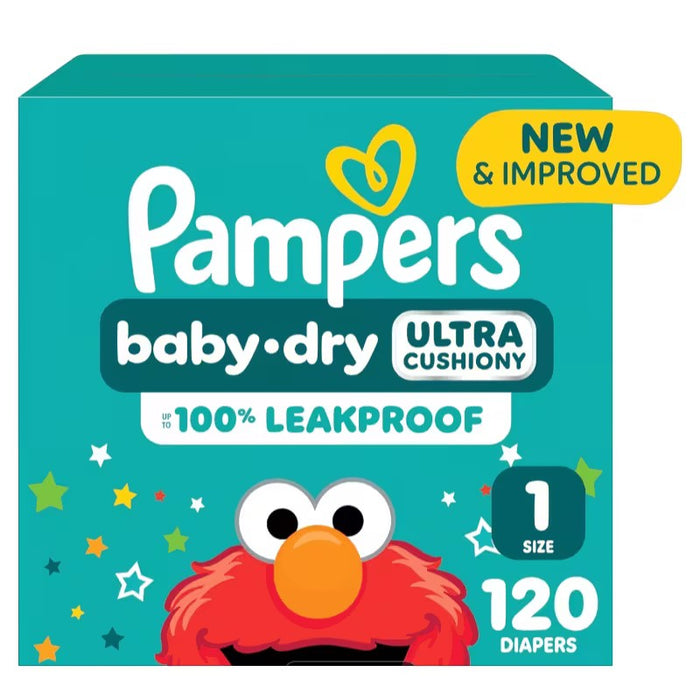 Blessing Sells Size 1 diapers, 120 count, featuring Elmo and "New & Improved" text. Ultra Cushiony and 100% Leakproof.