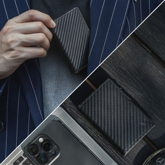 Blessing Sells men's slim carbon fiber RFID wallet with pop-up card holder and zipper pocket.