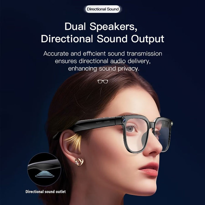 Blessing Sells black smart glasses with AI features, 4K camera, and directional sound output.