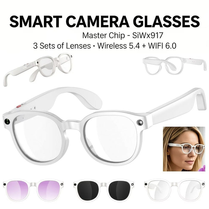 Blessing Sells white smart glasses with AI camera, 4K video, audio, wireless calling, and translation. Includes 3 lens sets.