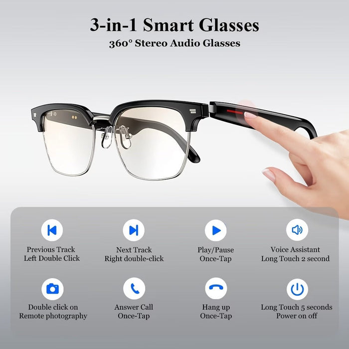 Blessing Sells black and silver smart glasses with clear lenses and integrated audio. Features include touch controls for music, calls, and photography.