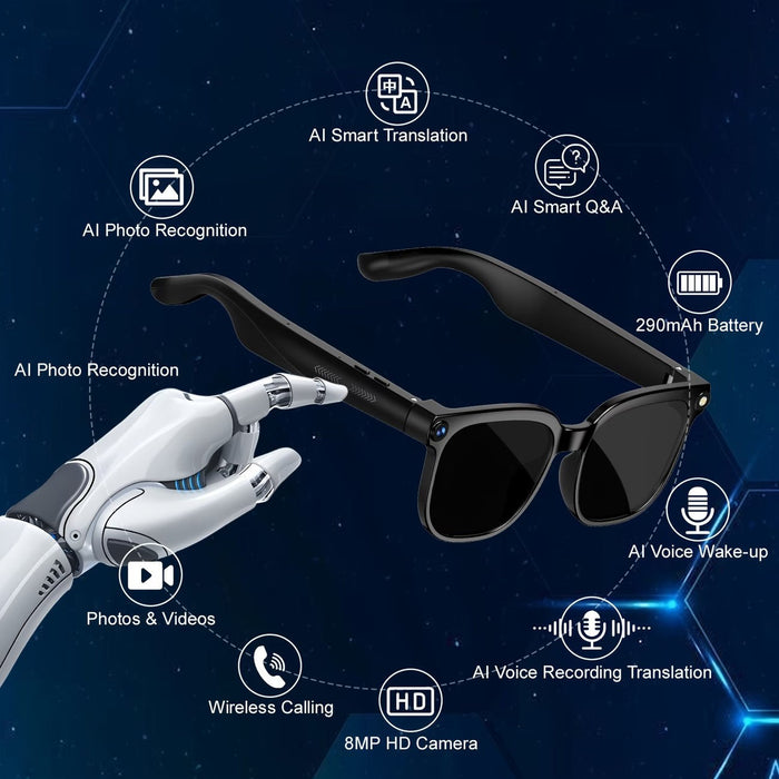 Blessing Sells black smart glasses with integrated 8MP HD camera, AI features, and 290mAh battery.