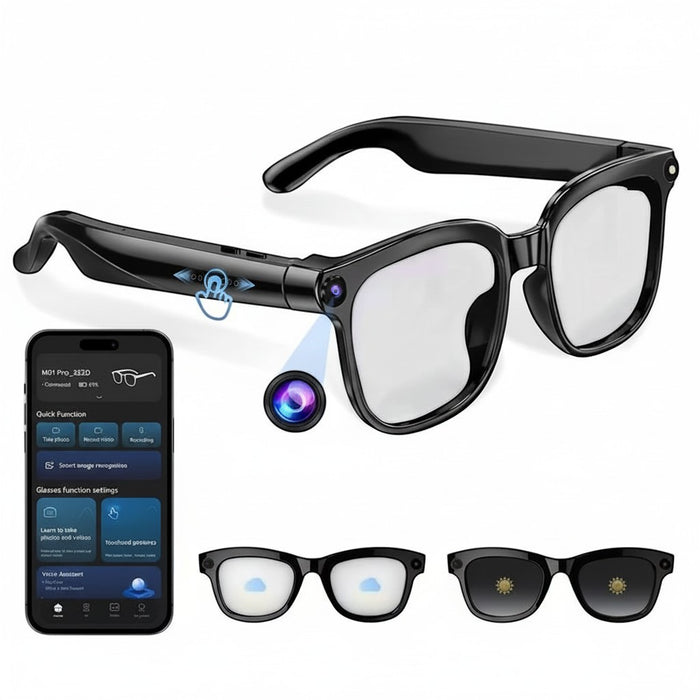 Blessing Sells black smart glasses with camera and open-earphone, featuring real-time translation and video recording.