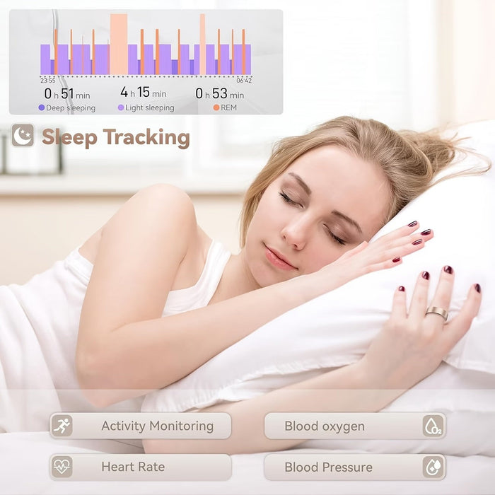 Blessing Sells rose gold smart ring on a woman's finger, tracking sleep and health metrics. Features activity monitoring, heart rate, blood oxygen, and blood pressure.