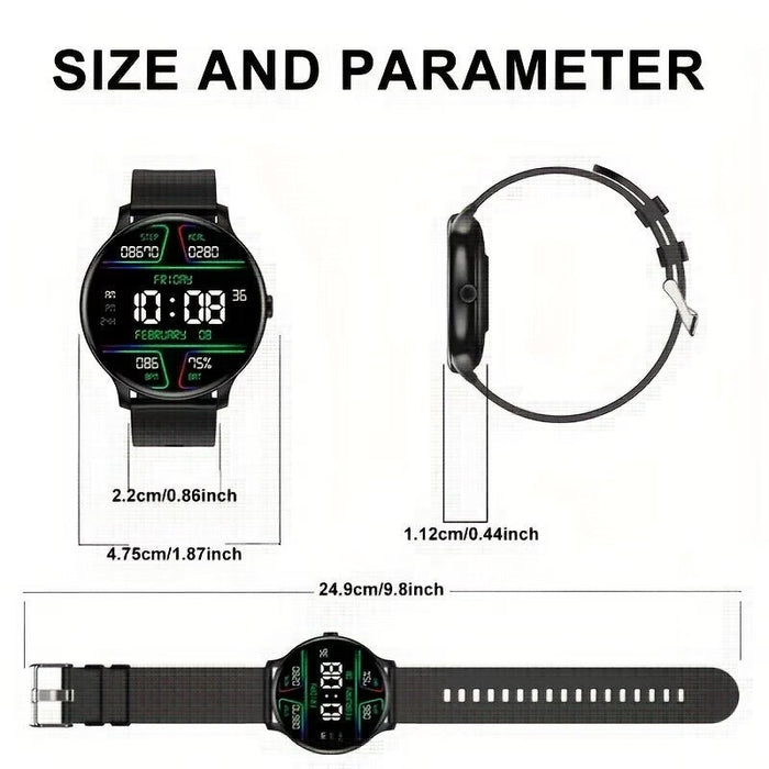 Blessing Sells Smart Health Watch with black band, displaying time, date, steps, and calories. Side profile shows slim design.