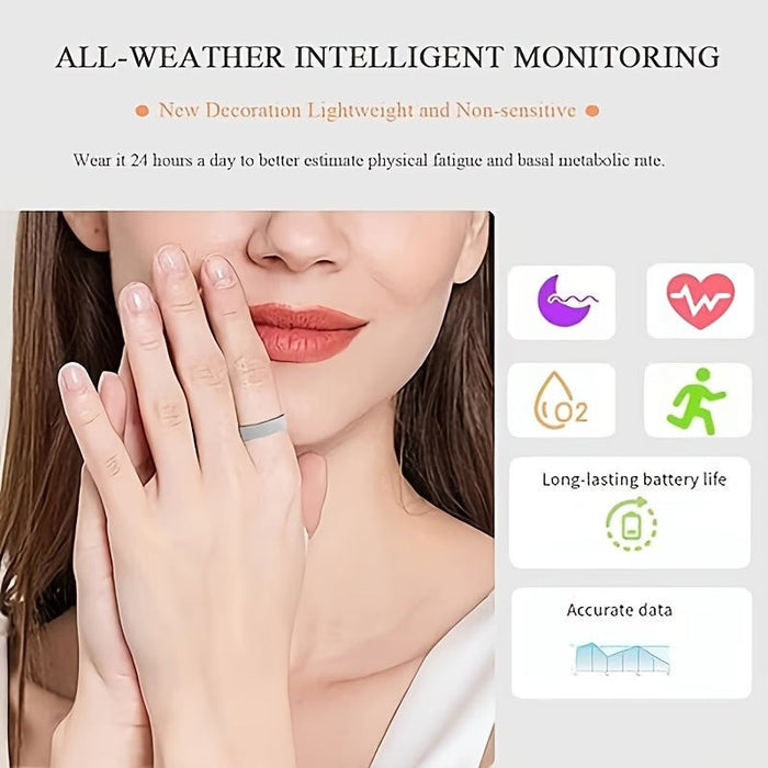 Blessing Sells smart ring with diamond inlay, sleek grey band for men and women, tracks fitness, sleep, and steps.
