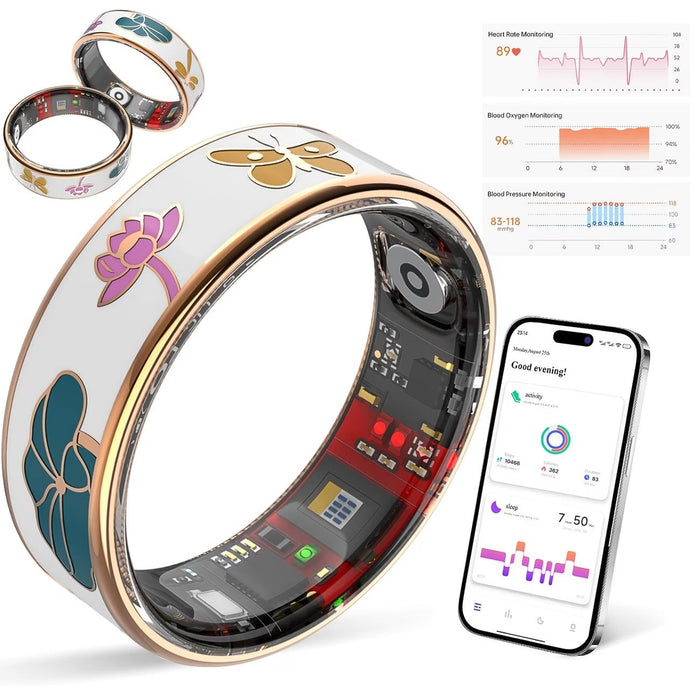 Blessing Sells white smart ring with lotus and butterfly design, tracking heart rate, blood oxygen, sleep, and stress.