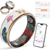 Blessing Sells white smart ring with lotus and butterfly design, tracking heart rate, blood oxygen, sleep, and stress.