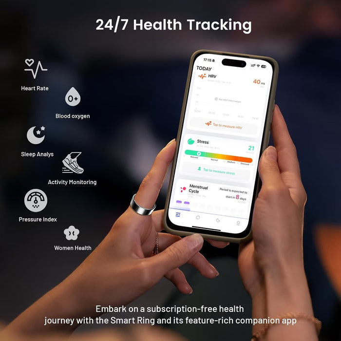 Blessing Sells smart ring for women, silver, displays heart rate, blood oxygen, sleep analysis, activity, pressure, and women's health on a phone app.