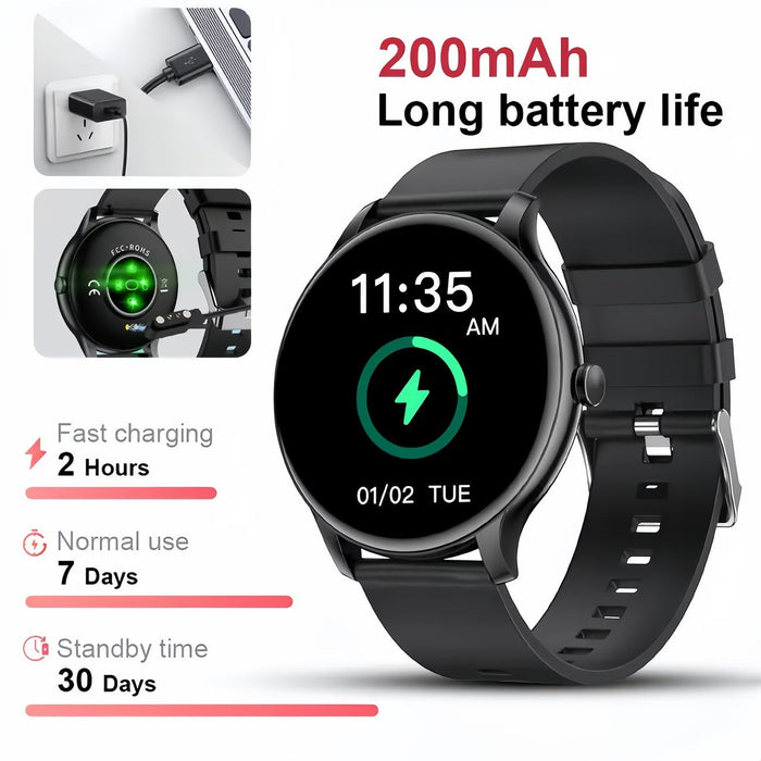 Blessing Sells black smart watch with a round face displaying time and charging icon. Features long battery life and fast charging.
