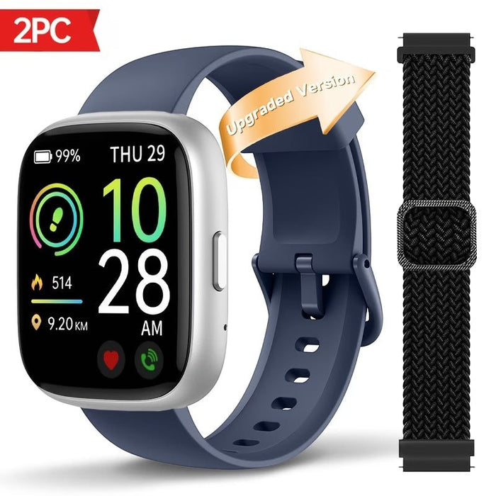 Blessing SellsHere smart watch with a blue silicone band and a black braided band. The watch face shows time, date, steps, and distance.