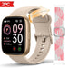 Blessing Sells smart watch with a gold case and beige band, includes a second pink and white braided band. 1.83" HD screen displays time, date, fitness stats, and call icon.